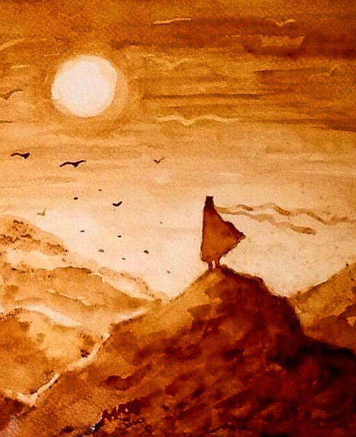 Artwork inspired by the game Journey. Painted with coffee.
