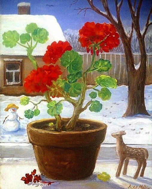 Acrylic painting of a snowy view from the window.