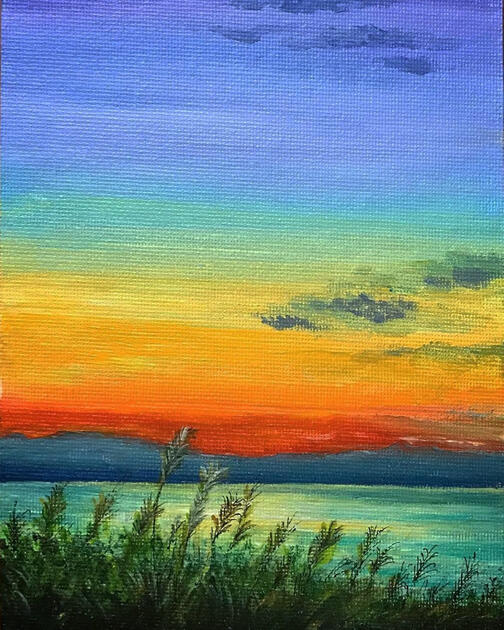 An acrylic painting of a sunset over a lake.