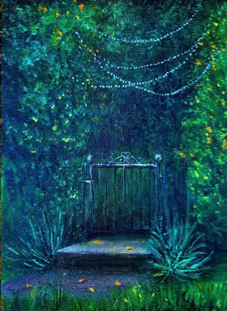 An acrylic painting of an iron gate in an overgrown forest.