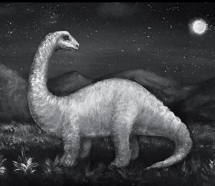 An acrylic monochromatic painting of a stargazing dinosaur.