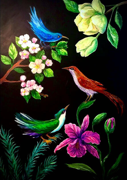 An acrylic painting of several tropical birds and flowers.